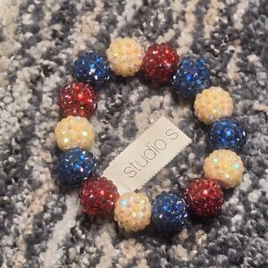 Studio S Red White Blue Rhinestone Beaded Bracelet About 6"
